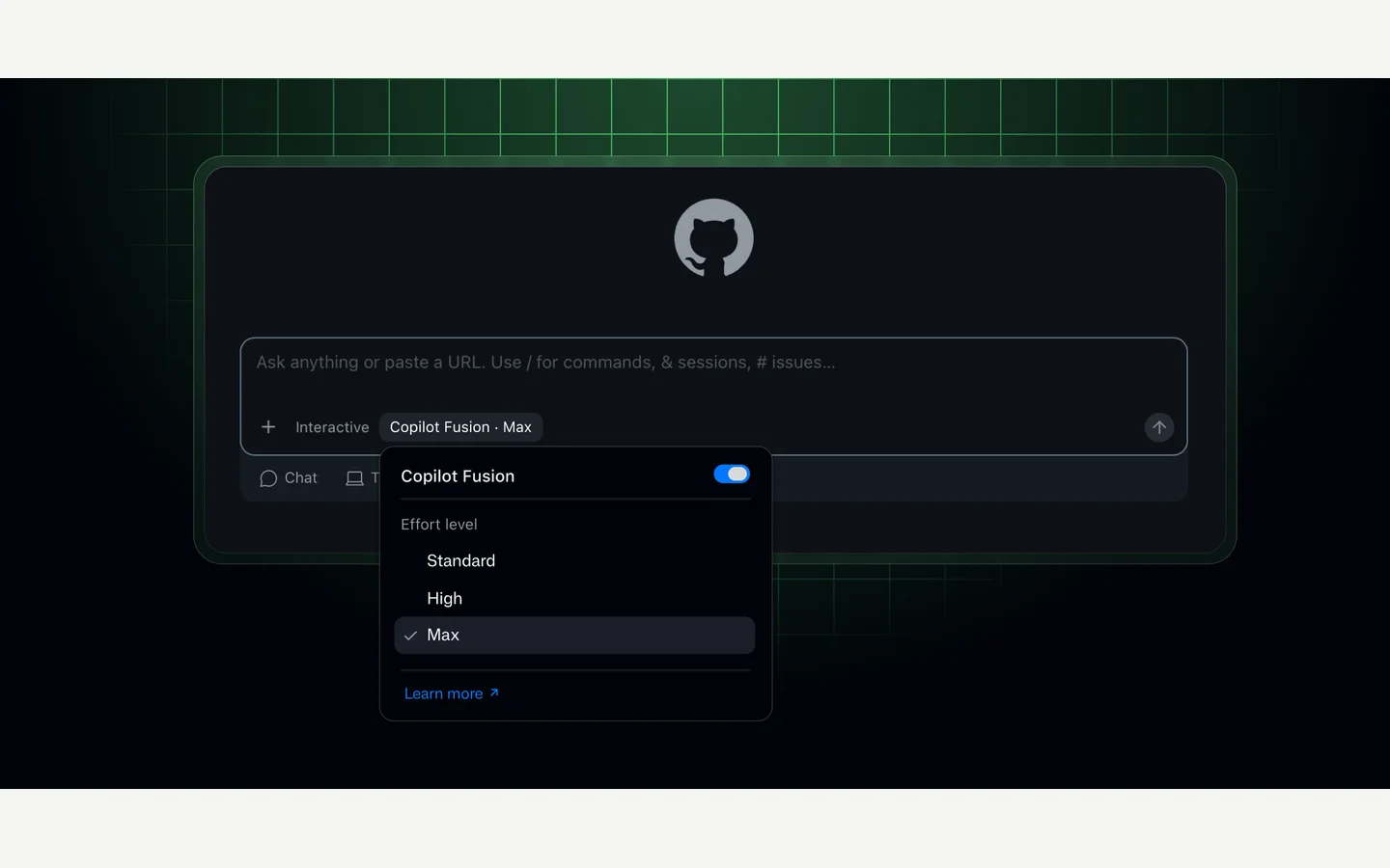 GitHub Copilot Fusion’ın Standard, High ve Max seçeneklerini gösteren resmî arayüz görüntüsü
