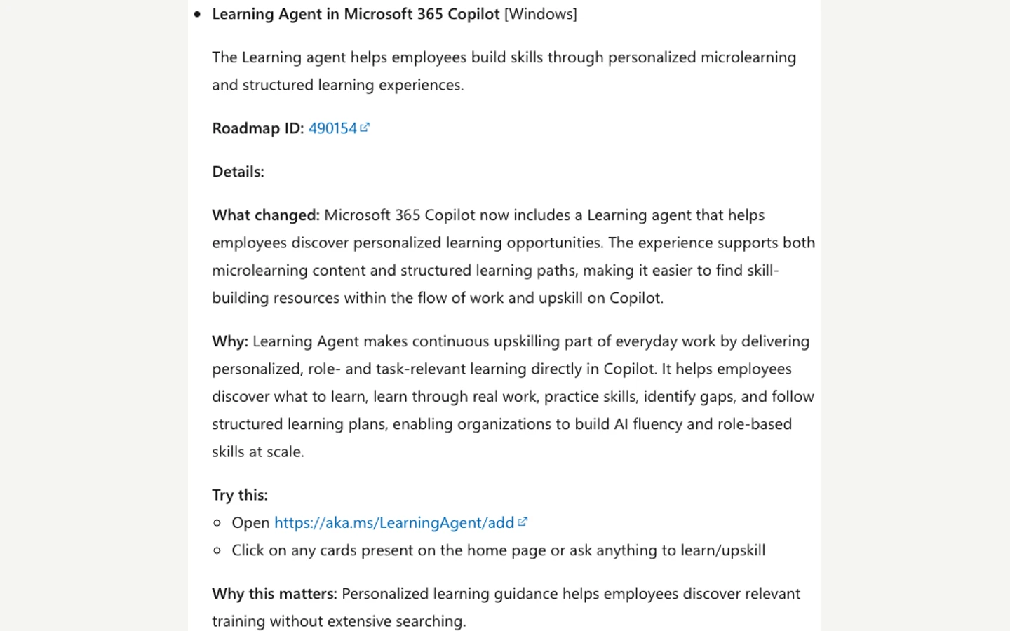 Microsoft Support sayfasında gömülü resmî Learning Agent tanıtımı.