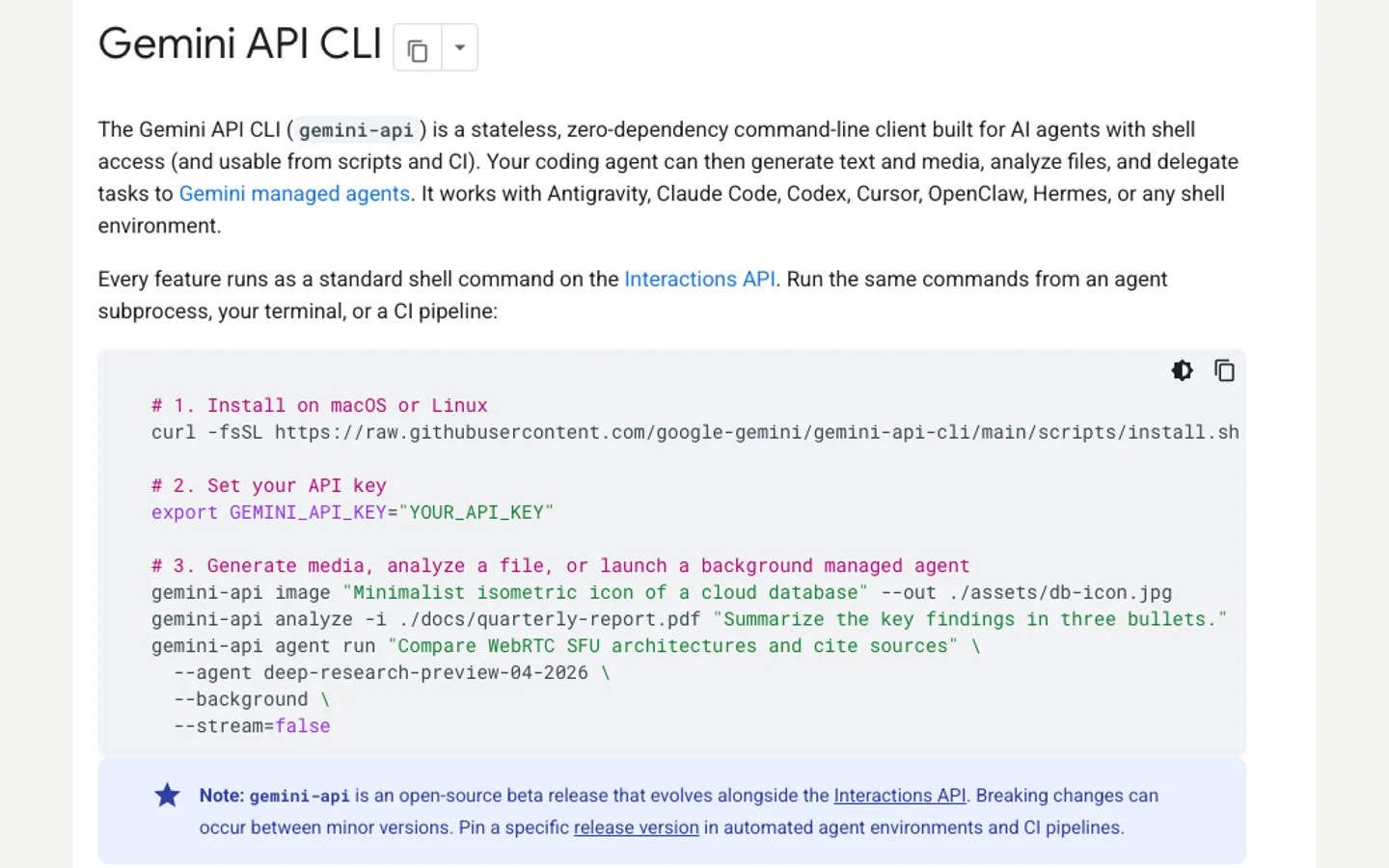Google’ın gemini-api komut satırı aracını tanıtan resmî belge ekranı