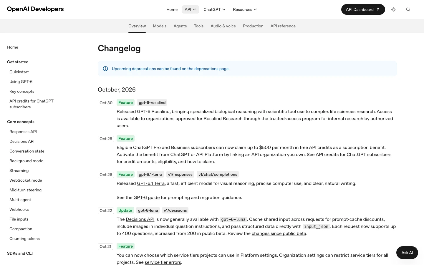 OpenAI API sürüm notlarının GPT-6 Rosalind açıklamasını gösteren kaynak ekranı