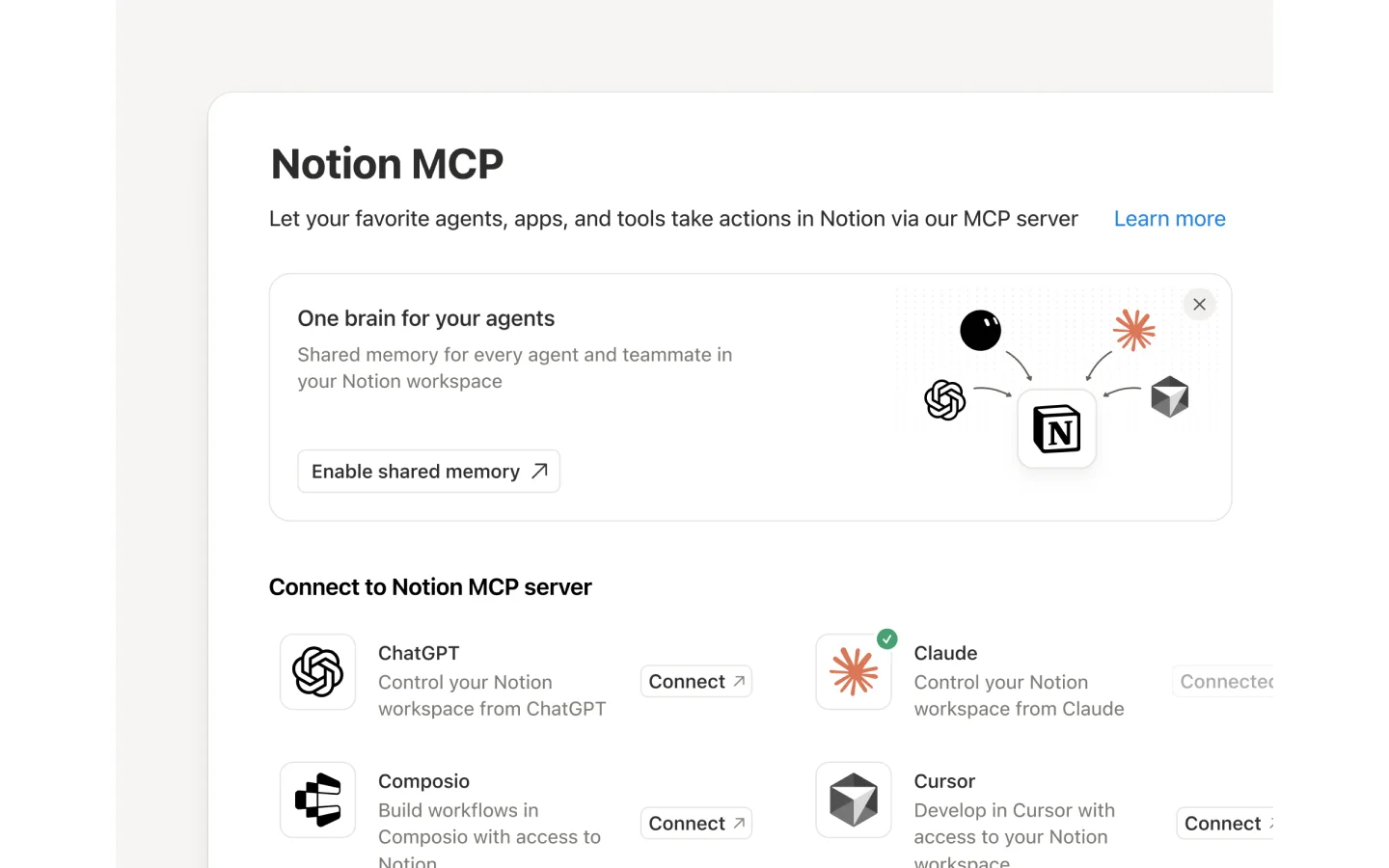 Notion MCP bağlantı ayarlarının ürün ekranı