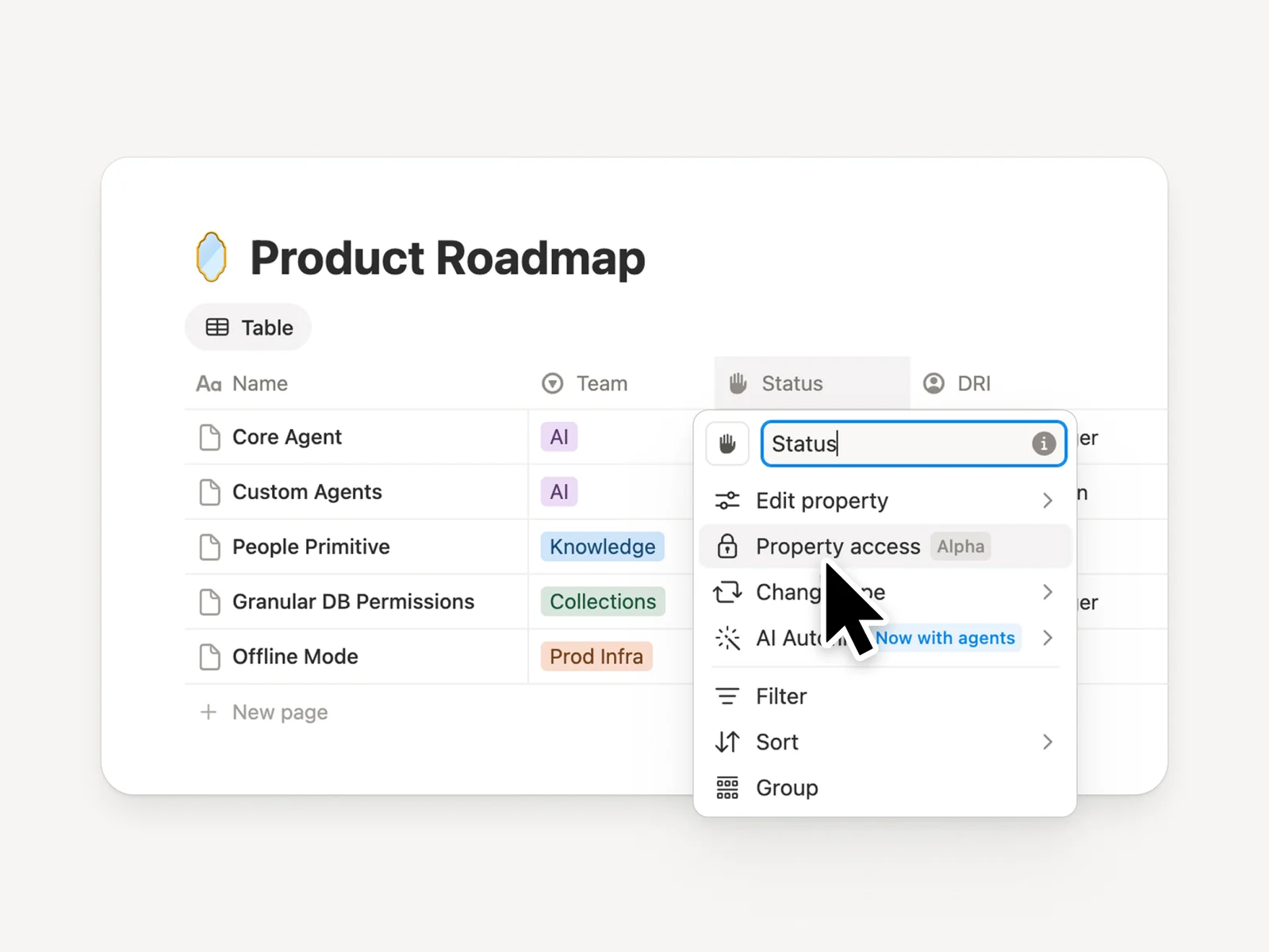 Notion veritabanı sütun izinleri örneği