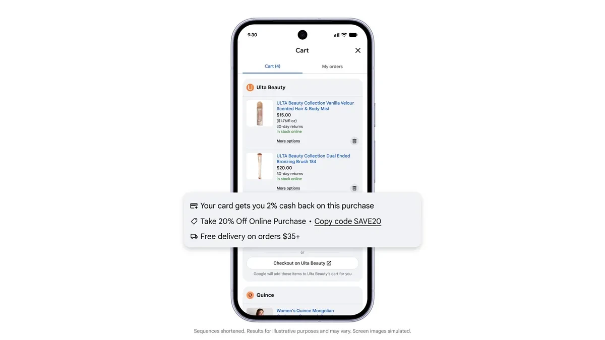 Google Universal Cart’ta promosyonların gösterildiği resmî ürün ekranı; ABD lansman örneği